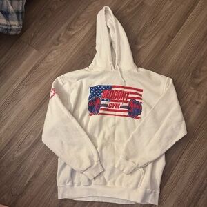 Redcon1 Gym White Hoodie with Red and Blue Barbell Graphic